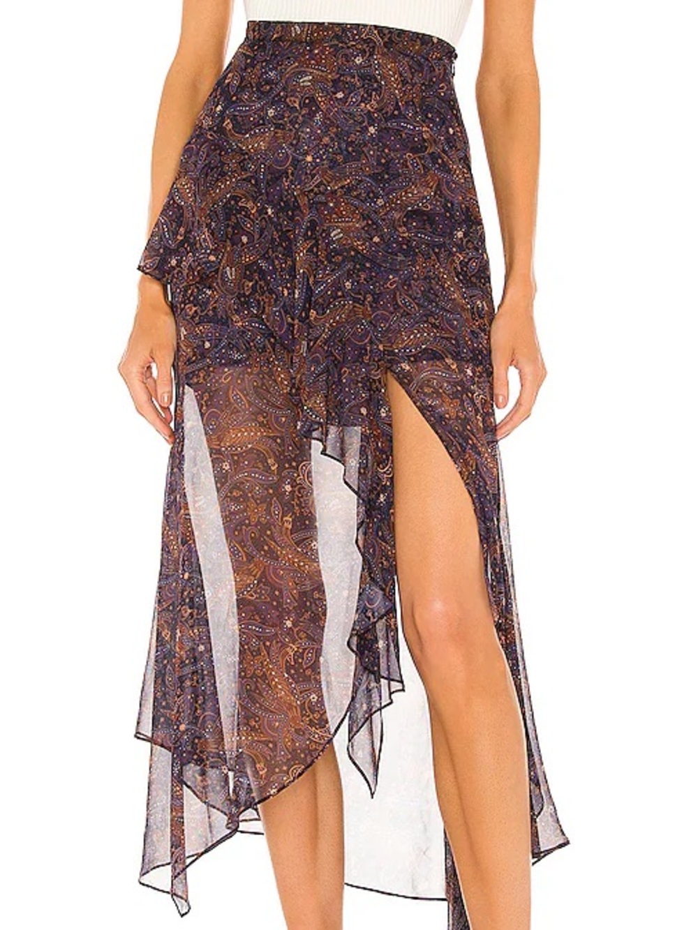 Veronica Beard Sheer Paisley High-Slit Asymmetric Skirt - Brown